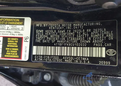 2012 Toyota Camry Le z USA, uszkodzony, nr VIN 4T1BF1FK8CU102032